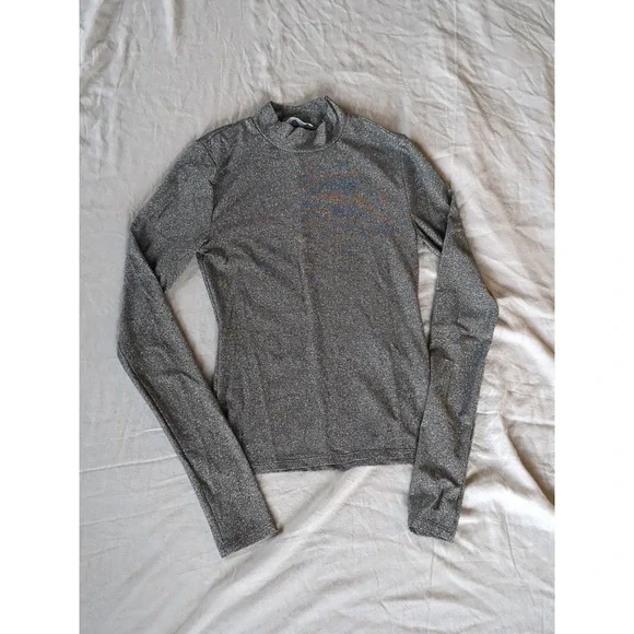 Reformation Bailey Knit Top Sparkle Black Pullover Long Sleeve Mock Neck - Picture 4 of 10